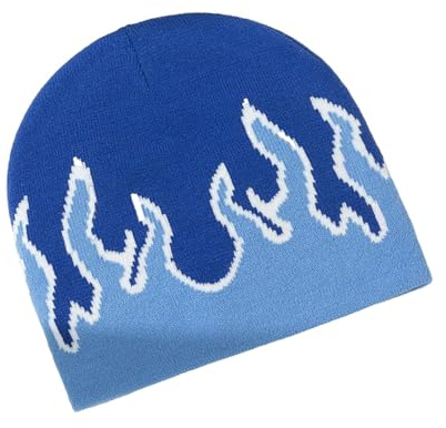 BEAGUDNIA Flame Beanie Fire Knit Skimütze Punk Skull Cap Flame Skullies, Hell, blau, M-L