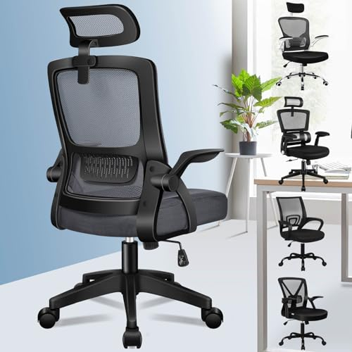 ALFORDSON Silla de Escritorio Ergonómica para Oficina en Casa, Silla de Ordenador de Malla con Soporte Lumbar, Reposacabezas, Silla Giratoria Inclinable, Gris Oscuro