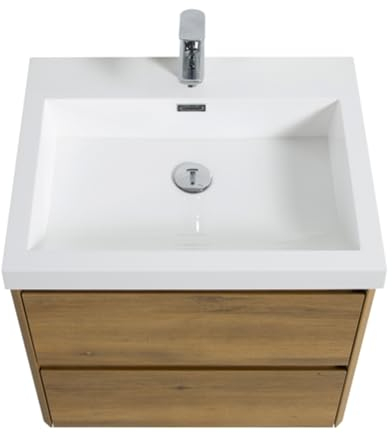 Badezimmer-waschtischset Aus Eichenholz – Wandwaschbecken Mit Unterschrank, Soft-Close-schubladen, Umweltfreundlich, Vormontiert, MDF – Wasserhahn/auslauf Nicht Im Lieferumfang Enthalten