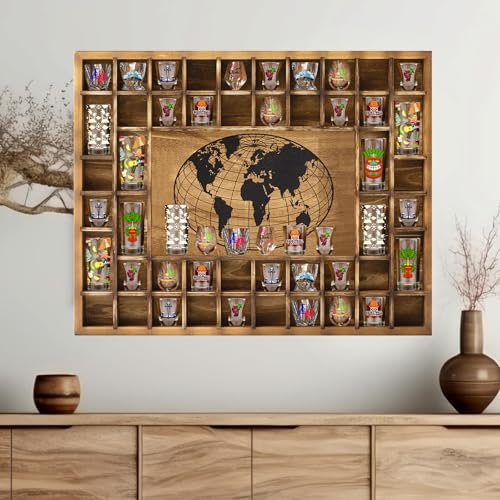 GlikCeil Large World Map 44 Slots Shot Glass Display Case 28 x 23'' Rustic Wood Shot Glass Holder for 2 Sizes Wineglass Bar Shelf Organizer Wall Mount Storage Shadow Cabinet Decor (Brown)