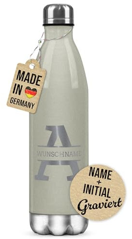 PR Print Royal Personalisierte Trinkflasche mit Gravur - mit Buchstabe & Name gravieren - Geschenk zum Geburtstag, Weihnachten, Namenstag | Edelstahl-Thermosflasche, Grau metallic 500 ml