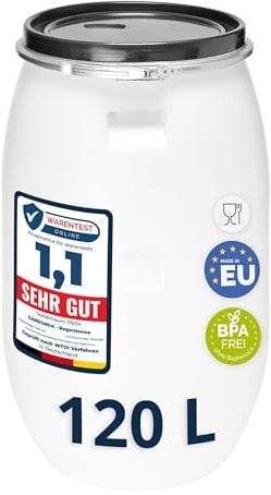 Garronda 120 Liter Deckelfass Weithalsfass aus HDPE Regenfass für Garten Fass Regenwassertonne Futtertonne Universalfass Wasserfass Regentonne Lebensmittelfass Wassertank GD-0078, Weiß