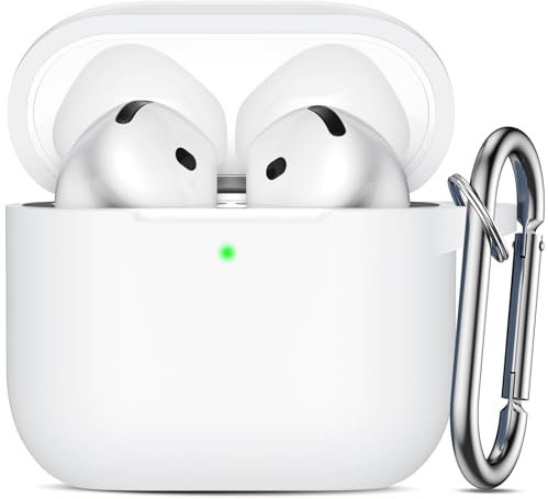 Ouwegaga Compatible for AirPods 4th Generation Case 2024- Full Body Protective Case, Shock-Resistant Silicone Case Cover Compatible with Apple AirPod 4 Case, Front LED Visible, With Carabiner, White