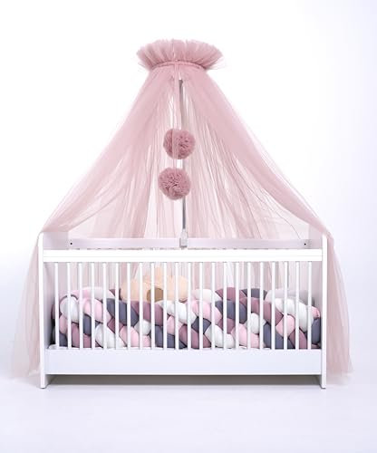 Babybetthimmel aus Tüll, Betthimmel für Babybett, Prinzessin Babywiege, Beistellbett Baby, Moskitonetz, Babyzimmer Deko, Baldachin Kinderzimmer 165cm lang, mit Pompons, Taupe (Altrosa)