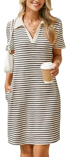 Glamaker Women T Shirt Summer Dress Casual Business Mini Loose V-Neck Short Sleeve Striped Dresses Pockets 2025 Trendy (Large,Striped Black)