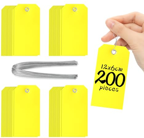 Lot de 200 Étiquettes Fil de Fer 120 x 60 mm Jaune en Plastique Rigide - Étiquettes de Prix Vidange Solides Épaisses Durables Pratique