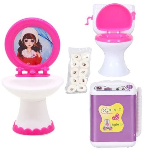 XPEX accessori per il bagno della casa delle bambole Toilette per Casa delle Bambole WC della Casa delle Bambole Miniatura Giocattolo Toilette Include mini lavatrice, lavabo e WC