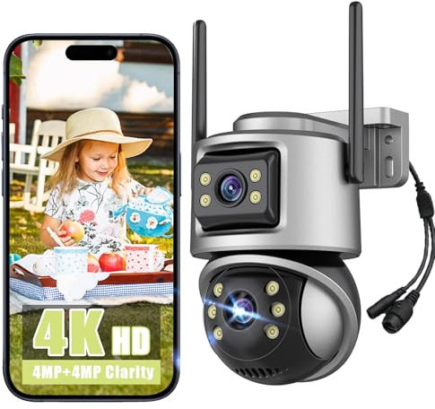WiFi Telecamera Esterno 8MP 4K,Doppia Lente WLAN PTZ Videocamera Sorveglianza,360°,IP66,Audio Bidirezionale,Rilevamento Umano,Visione Notturna a Colori,Tracciamento Movimento con Sirena,2.4Ghz,Alexa