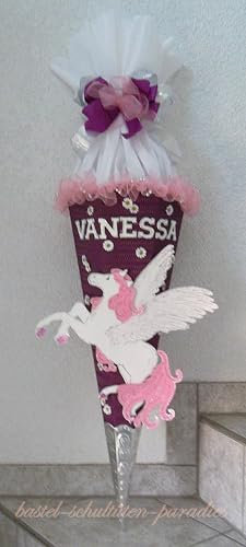 Schultüten Bastelset Pegasus/Einhorn mit Schleifenband-Rüsche lila-rosa-weiß MaterialType 3D Wellpappe-Rohling