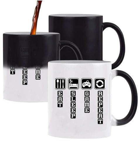 Tasse Magique Eat Sleep Game Repeat | Mug qui change couleur avec la chaleur | Idée Cadeau Geek Gamer Console Humour Jeu Vidéo Drôle Original