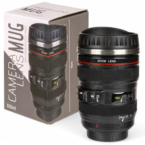 MIJOMA Vaso con lente de cámara – Taza térmica con inserto de acero inoxidable – 350 ml – Taza de café con diseño de cámara – con tapa y mango antideslizante