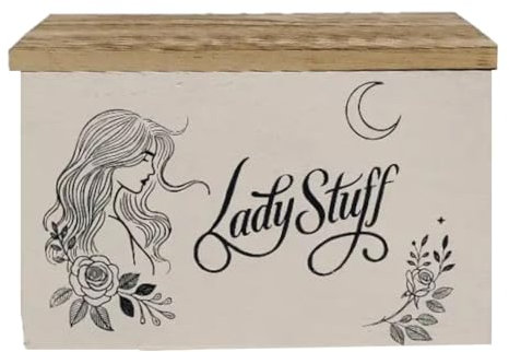 Lady Stuff Storage Box - Vintage Wooden Bathroom Divided Organizer with Flip-Top Lid for Pads, Liners, Tampons & More - Feminine Hygiene Rustic Chic Home Decor, Hinged Lidded Discreet Storage