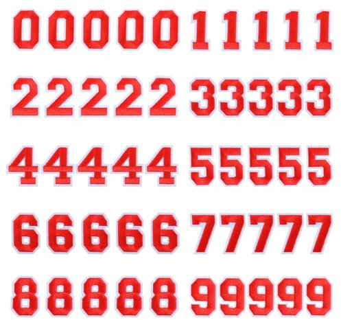Wanmu 50pcs Iron On Numbers Patches, Red Embroidery 0-9 Applique Patches, Personalised DIY Decorative Accessories for Sew on Clothes, Handbags, Shoes, Dress, Hat, Jackets, Jeans