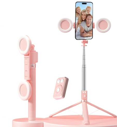 6 In 1 Selfie Stick with Fill Light, 360 Rotation Selfie Stick Tripod with Light, Extendable Phone Tripod Stand with Bluetooth Remote, Compatible with Ios Android Devices for Travel Live (Pink)