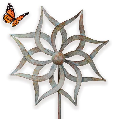 matches21 HOME & HOBBY Großes Windrad Metall 132 cm, wetterfeste Frühlings Garten-deko Blume - Windmühle in Silber Used Look