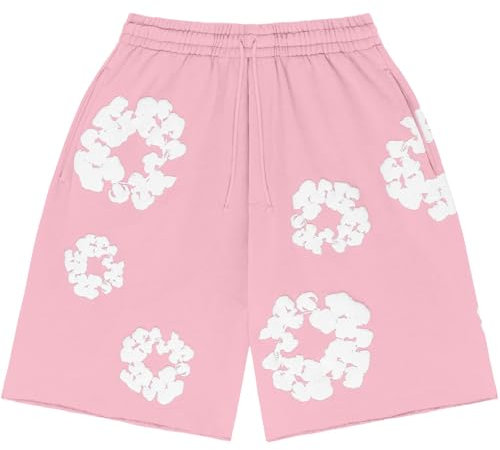 Completo estivo da uomo, maglietta e pantaloncini, set da 2 pezzi, tuta estiva da jogging, a maniche corte, Y2K Hip Hop T Shirts con stampa floreale, tuta da jogging Denim T da uomo con fiori, 31-rosa