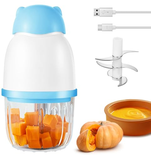 Baby Food Maker, Cordless Food Processor Puree Blender with 350ml Glass Bowl ＆ 6 Sharp Blades, Small Wireless Chopper Baby Puree Maker, Mini Rechargeable Chopper Kitchen Mixer for Fruit,Vegetable,Meat