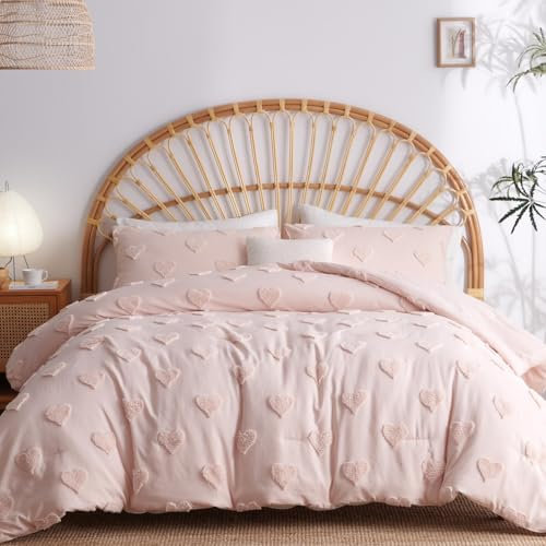 Lanqinglv Bohème Housse de Couette 220 x 240 cm Coeur Rose + 2 taie d'oreiller 65x65cm,Adulte Ado Tuftée Broderie Parure de Lit 2 Personnes Linge de lit Avez Fermeture Éclair,Motif du cœur