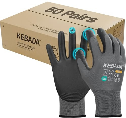 Kebada Work Gloves for Men, Touchscreen, PU Coated, W1, 50 Pairs Bulk Pack | Grey, Size 8/M, breathable knit, secure grip, safety gloves for gardening, mechanics, warehouse, driving & construction