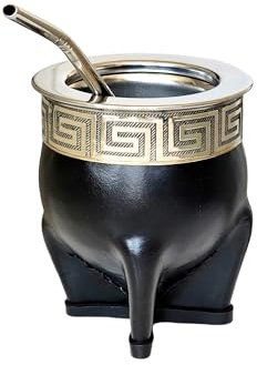 Vaso Mate Imperial Argentino Deluxe Estilo Griego, Hecho de Acero inoxidable, Cuero Negro y Plata Alemana (Alpaca), Yerba Mate Cup con Bombilla de Acero Inoxidable (Griego, Negro)