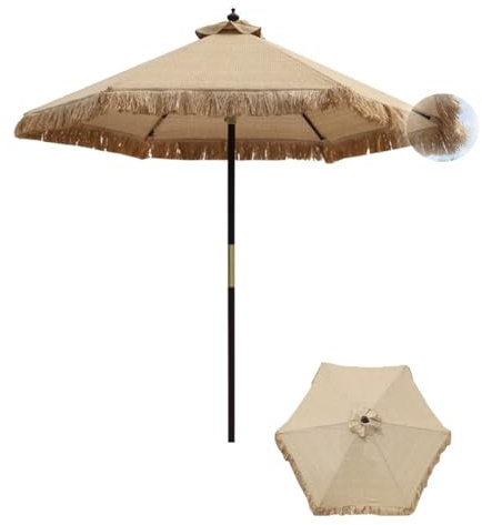 ZIUSFAC 210cm Parasol De Jardin Rétro Parasol De Table De Marché Tropicale Parasol Paille Mât en Bois 6 Baleines Parasol De Plage pour Pêche Plage, Style Hawaïen