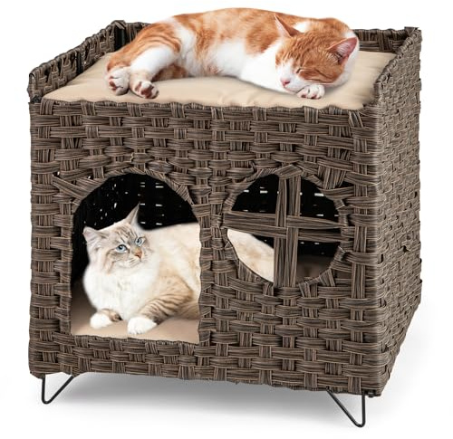 GYMAX Rattan Katzenhaus, faltbares Katzenbetten mit 2 Ebenen, 2 abnehmbaren gepolsterten Kissen, große Plattform mit erhöhten Kanten & Metallbeine, Indoor Katzenmöbel für Katzen, 50,5 x 45 x 50 cm
