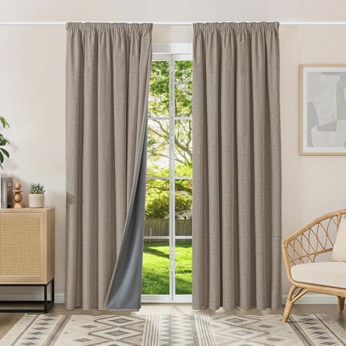 100% Verdunklungsvorhänge mit Kräuselband Leinenoptik Vorhänge Blickdicht | 200Hx200Bcm,Leinen,2er Set,Thermovorhänge Kälteschutz Gardinen für Schienen,Wohnzimmer,Schlafzimmer