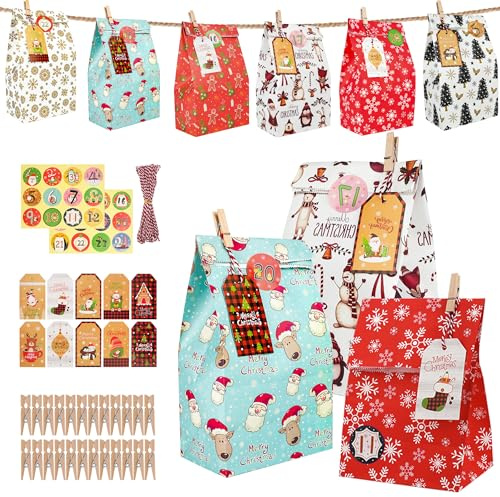2026 Adventskalender zum Befüllen – DIY Adventskalender für Kinder & Erwachsene mit 24 Tüten, Zahlen Aufkleber, Karten, Klammern & Schnur – Weihnachtskalender Bastelset