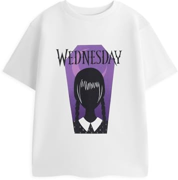 Wednesday Addams Kids White Short Sleeve Graphic Tee | Cartoon T-Shirt with Purple Coffin Silhouette | Streetwear Style for Halloween & Casual Wear Merch