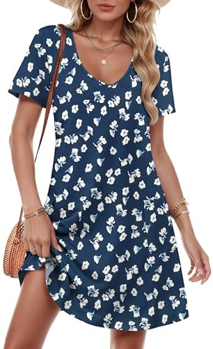 MOLERANI Womens Summer Dresses - Short Sleeve V Neck Midi Dresss for Women with Pockets Floral Navy XL