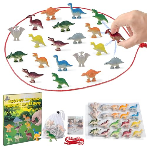 20 Pcs Dinosaur Magnetic Chess Game, Magnet Game with String & Portable Storage Bag, Dinosaur Magnetic Chess Game Stones, Magnetic Chess Skill Game for Family, Camping,Travel & Parties