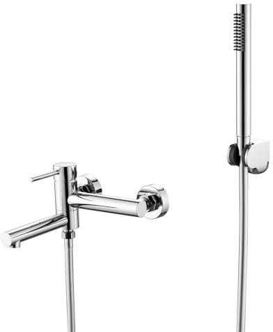 Techzm Wall Mounted Bath Shower Mixer Tap for Exposed Installation 2-Function Bathtub Faucet with Swivel Tub Filler Spout Chrome