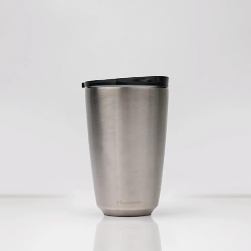 Huskee 12oz Stainless Steel Coffee Cup, Reusable, Stackable, Insulated, Ceramic-Lined, with Lid, Travel Cup for Hot Drinks (Brushed Steel)