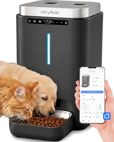STYLIES Futterautomat Katze 4,5L mit WiFi & App, Katzenfutter Automat für Trockenfutter, Edelstahlnapf, bis 10 Mahlzeiten/Tag, Futterspender für Katze & Hund – Anthrazit