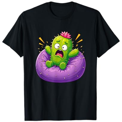 Adorable Cactus Effrayant sur Pouf Violet Dessin animé T-Shirt