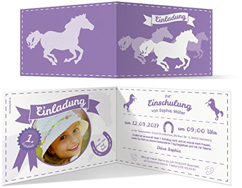 Einschulung Einladungskarten 1. Schultag (30 Stück) Pferde Foto Klappkarten Faltkarten