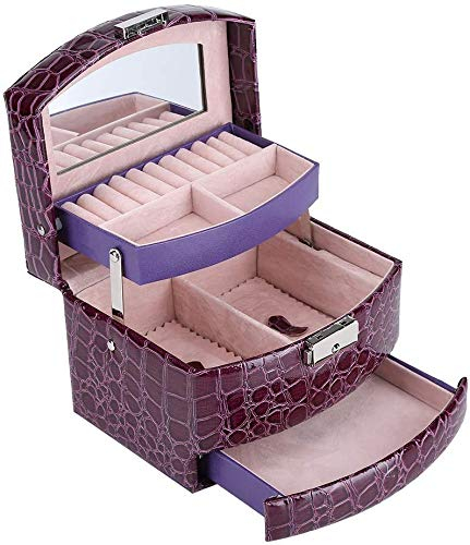 Yosoo Schmuckkästchen aus Leder, 3 Schubladen, samtig, 5 Farben, abschließbar, mit Schlüssel, Spiegel, Zubehör (lila)