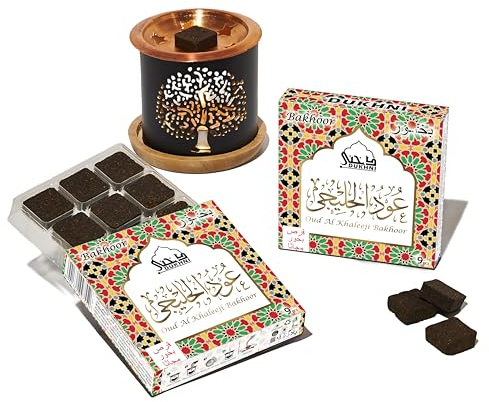 Oud Al Khaleeji Bakhoor and Burner by Dukhni | Islamic, Eid & Ramadan Gifts for men & women | 20pc Arabian Oudh Bukhoor Incense Bricks Set with Candle Incense Burner | Home fragrance, hair bakhoor