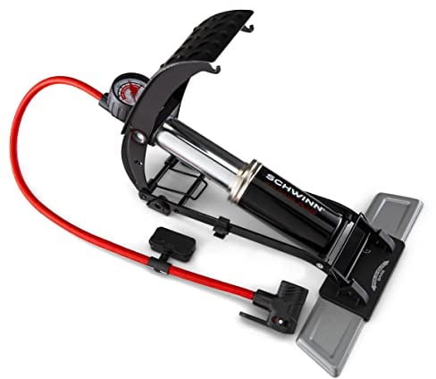 Schwinn Air Base Plus Fußpumpe, Luftzonen-Manometer, Hochdruck-Fußpumpe, Doppelkopfdüse, passt sowohl Schrader- als auch Presta-Ventile, Max 120 PSI, Schwarz