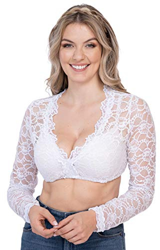 Schöneberger Trachten Couture Dirndl-blus av spets vit – elegant långärmad stretch-dirndl blus partiell transparent Vroni
