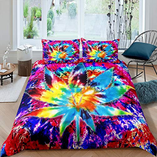 Cannabis Bettwäsche Set 155x220cm Botanisches Blatt Bettbezug Set Für Kinder Aquarell Tie Dye Betten Set Modern Boho Psychedelic Gypsy Swirl Raumdekoration 2St