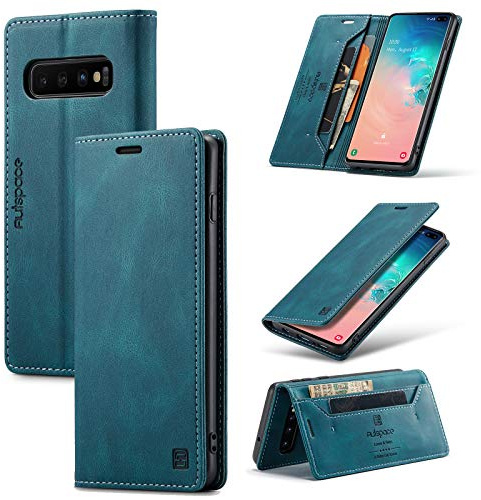 TOHULLE for Samsung Galaxy S10 Case, Vintage Wallet Case Card Holder Kickstand Built-in Magnetic Flip Folio Leather Case for Galaxy S10 - Blue
