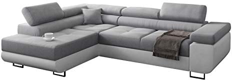 Ecksofa Miami mit Schlaffunktion, Eckcouch mit Bettkasten, L Form Couch, Ecksofa mit Bettkasten, Sofagarnitur mit Schalffunktion, Ottomane Links (Hellgrau + Schwarzer Kunstleder -EKO)