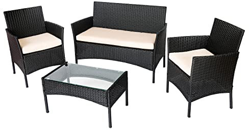 Straame 4PC Rattan Garden Furniture Set with Table, Double Seated Sofa and 2 Cushion Chairs, Outdoors Rattan Set, Weather Resistant, Comfortable Stylish Pool Side, Patio Lounger Set (Black)