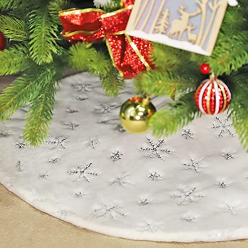 SALCAR Gonna Albero di Natale, Tappeto Rotondo in Peluche con Fiocchi di Neve Argentati, Lussuoso Accessorio per Alberi di Natale, Applica a Decorazioni Natalizie, Capodanno, Feste e Matrimoni - 90 cm