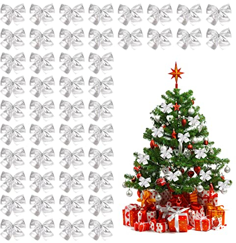 Souarts 48 Stück Weihnachtsschleifen, Weihnachtsbaum Schleifen Rot Gold Weihnachten Deko Glitzer Schleifen Weihnachtsbogen Band Bogen Ornamente für Weihnachtskranz Geschenk(Silber)