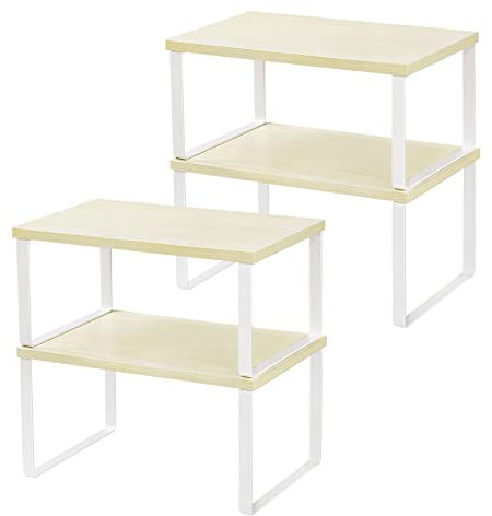 LIANTRAL Küchenschrank Organizer 4er-Set, Küchenregal, Küchen Arbeitsplatte Regal Organizer aus Metall und Holzwerkstoff Erweiterbar und Stapelbar Gewürzregale Küchen Organizer, Hellgelb und Weiß