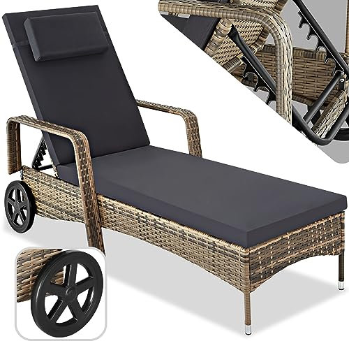 tectake® Chaise Longue Bain de Soleil en Resine Tressee Résistant Inclinable avec Roulettes Transat Salon de jardin exterieur Mobilier de Jardin Chaise Longue Piscine Plage - Marron Naturel/Gris Foncé