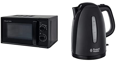 Russell Hobbs Textures 17 Litre Black Manual Microwave, RHM1725B & Textures Plastic Kettle 21271, 1.7 L, 3000 W - Black