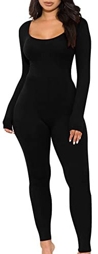 Damen Sexy Jumpsuits Sportbody gerippte Strick Fitness Overall Unitards Ballett Ganzanzug Gymnastik Trikot Body Elastisch Yoga Bodysuit Leggings Square Neck Hip Lift Slim Fit Langarm Strampelhöschen